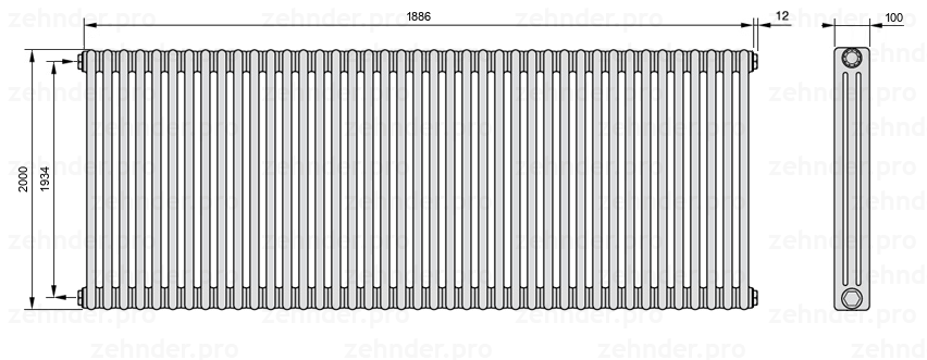 Схема (чертеж) Радиатор Zehnder Charleston 3200/41 №1270 Белый глянцевый RAL 9016